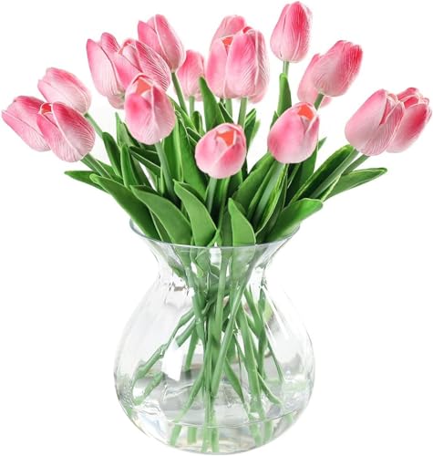 Tifuly 10 Stück Künstliche Tulpen 33 cm Kunstblumen Latexmaterial Tulpe mit Stiel Künstliche Blumen Wie Echt Blumensträuße für Hochzeit Wand Garten Home Decoration (Rosa)