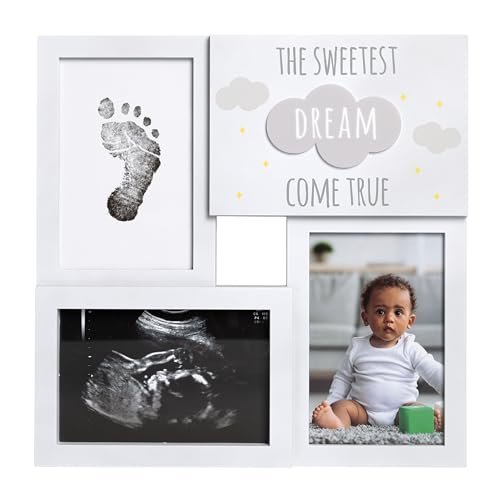 Kate & Milo Babyprints The Sweetest Dream Come True Collage Frame, Baby Handprint and Footprint Keepsake with Photo Slot Sentiment, Gender-Neutral Nursery Decor, White Clouds