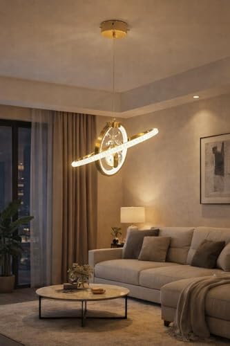 Image of Modern Luxury Crystal Stylish LED Ring Gold Finish with 3 Different Color Mode (Warm White, Cool White, Neutral White) Chandelier with Height Adjustable Hanging for Bedroom, Living, Dining,