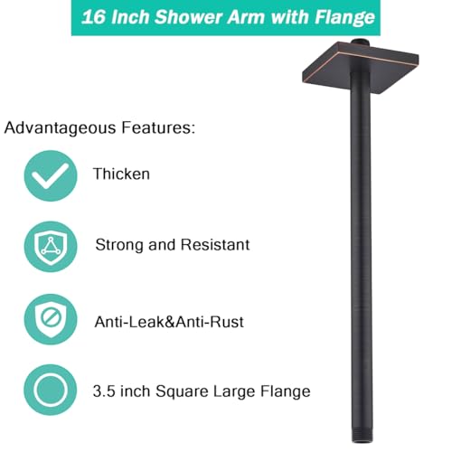 SEABEFORE Shower Arm with Flange,16 Inch Ceiling Mounted Fixed Shower Pipe,Bathroom Straight Rain Shower Replacement Arm,Universal Connection 1/2,Oil Rubbed Bronze Finish,SE-91038-16-ORB-SQ by SEABEFORE - Used condition - Image 4