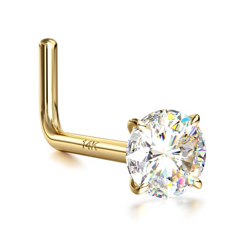 14K Real Gold Nose Studs, 18G 20G Solid Gold L Shaped Nose Rings, Simulated Diamond CZ Hypoallergenic Nose Piercings for Women Men 1.5 2 3MM