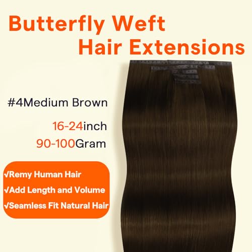 Image of Full Shine Butterfly Weft Hair Extensions Human Hair 16 Inch Medium Brown | 90G 5pcs Double Side Weft, Invisible PU Holes, Thin Hair Women, Daily Wear, Easy Wear & Remove, Seamless Blend