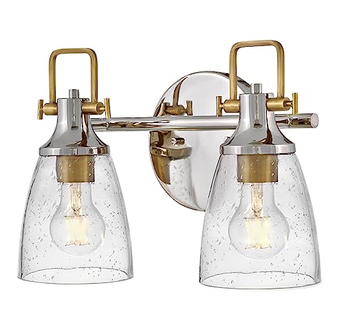 Image of Hinkley Easton Two Light Bath Vanity Fixture, Modern Industrial, Clear Seedy Glass Shade, Mounts Up or Down, Polished Nickel and Heritage Brass