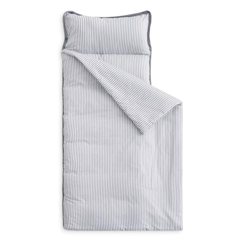 Wake In Cloud - Toddler Nap Mat with Pillow and Blanket, 100% Cotton Fabric, for Kids Boys Girls Ages 3 Plus in Daycare Kindergarten Preschool, Roll Up Sleeping Bag, Stripe, Gray, Standard