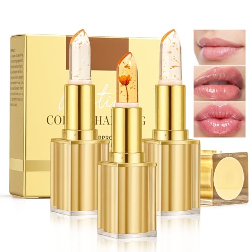 3Pack Colour Changing Lipstick, PH Adjusting Lipstick, Temperature Reactive Lip Tint, Long Lasting Moisturising Gloss, Natural pH Lip stick with Gold Foil, Hydrating Shine, Smooth Glossy for All Skin