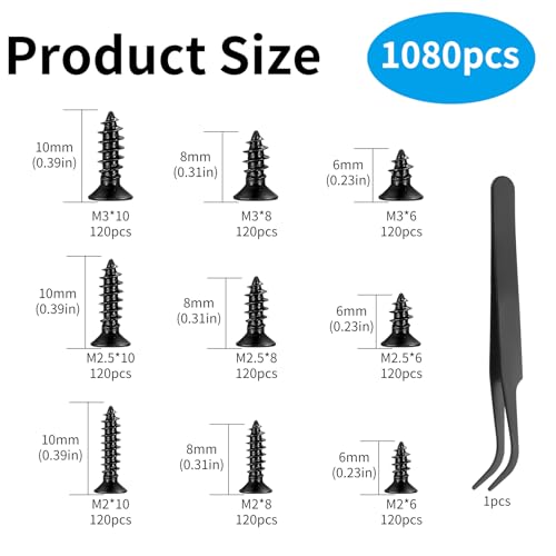 1080 Stücke Kleine Selbstschneidende Schrauben, M2/M2.5/M3 Holzschrauben, 6mm/8mm/10mm Flachkopf Kreuzkopf Blechschrauben Schrauben Set für Bürogeräte, Holzmöbel. (Schwarz)