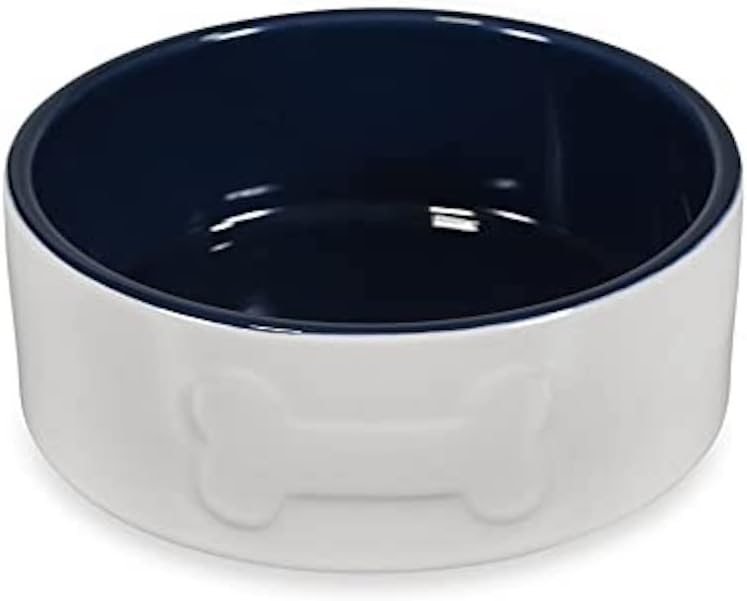 Bone Ceramic Dog Food Bowl (Cream/Navy), 20cm