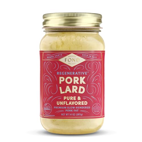 FOND Regenerative 100% Pork Lard for Cooking and Baking – 14oz Pure & Unflavored Rendered Lard, Shelf‑Stable Pasture-Raised Pork Fat for Cooking, Sautéing, Roasting, High Smoke Point, Seed Oil‑Free