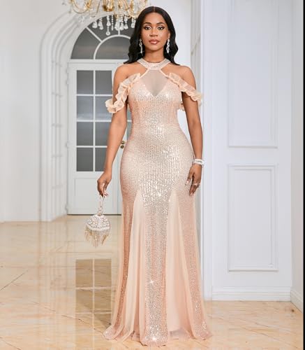 Image of Cololura Women Sexy Sequin Halter Neck Short Sleeve Mesh Perspective Party Bodycon Evening Cocktail Maxi Dress