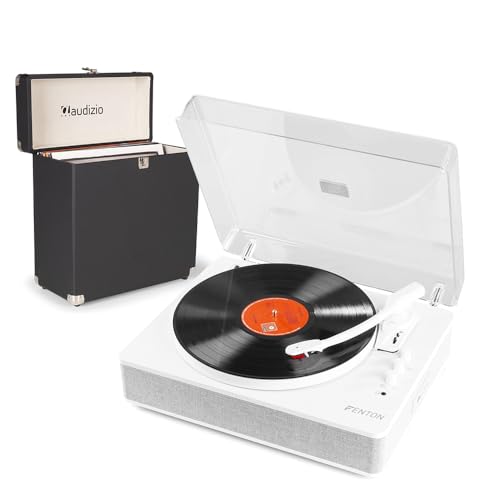 Fenton Modern Record Player with Built-In Speakers and Bluetooth Output, Vinyl Player, MP3 Playback, Portable White Turntable inc Record Case, 3-Speed Retro Audio System
