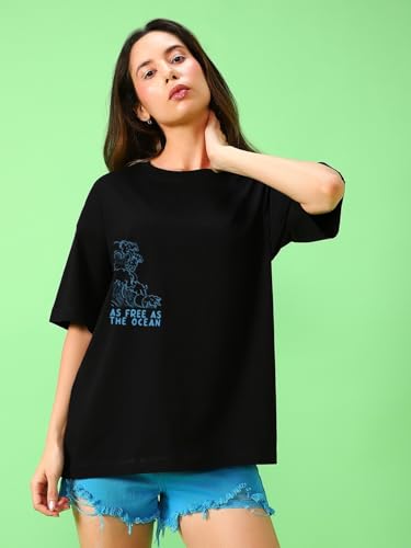 Image of Bewakoof Women's 100% Cotton Graphic Print Oversized Fit Round Neck T-Shirt