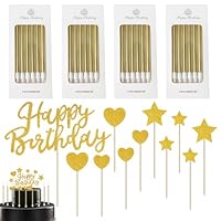 35PCS Gold Birthday Cake Candles Set, 24PCS Cake Candles, 11 Glitter Happy Birthday Cake Toppers, Long Gold Candle Candles for Cake, Wedding Party Decoration