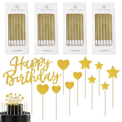 35PCS Gold Birthday Cake Candles Set, 24PCS Cake Candles, 11 Glitter Happy Birthday Cake Toppers, Long Gold Candle Candles for Cake, Wedding Party Decoration