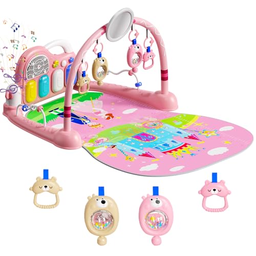 Baby Play Mat Kick and Play Piano GymBaby Floor Play Gym Tummy Time MatBaby Activity Mat with Music Lightsat and Sensory Toys Boy & Girl Gifts for Infant Newborn 0 to 3 6 9 12 Months (Pink)