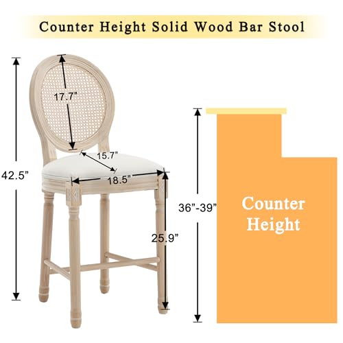Butacos de estilo francés, juego de 4, altura 26 pulgadas, estructura de madera maciza y asiento tapizado en lino, diseño rústico y elegante, ideal para isla de cocina o comedor (Beige) miniatura 2