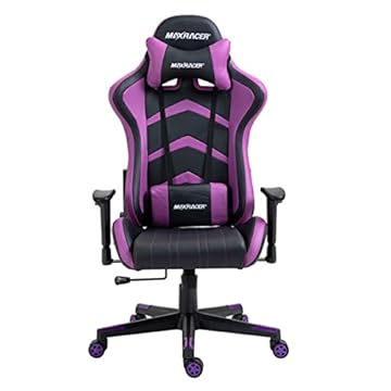 MAX RACER - Cadeira Gamer Aggressive - Poltronas Gamer de Aço, Cadeira Ergonômica para Jogos - Até 150kg, Giratória, Braços 1D, Tecido Sintético PVC, Inclinação 180°, Almofada Cervical e Lombar - Roxa