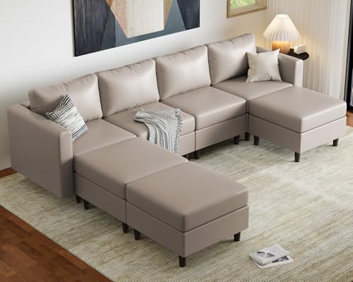 Image of ABCASA Faux Leather Modular Sectional Sofa 118.5 inch, 7 Seater U Shaped Couch with Storage Seat with Reversible Chaise Deep Seat for Living Room Whitesand