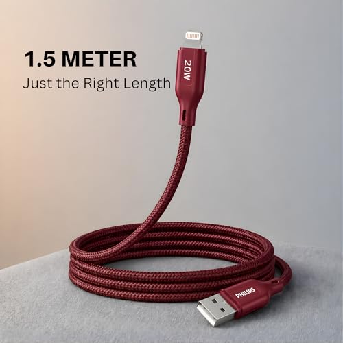 Image of PHILIPS DLC4150VI /94 20W iPhone Original Type-A to Lightning Fast Charging Cable (1.5m, Iron Red) | MFi Certified | 480Mbps Data Sync | Nylon Braided | Compatible with iPhone & Other Lightning Devices