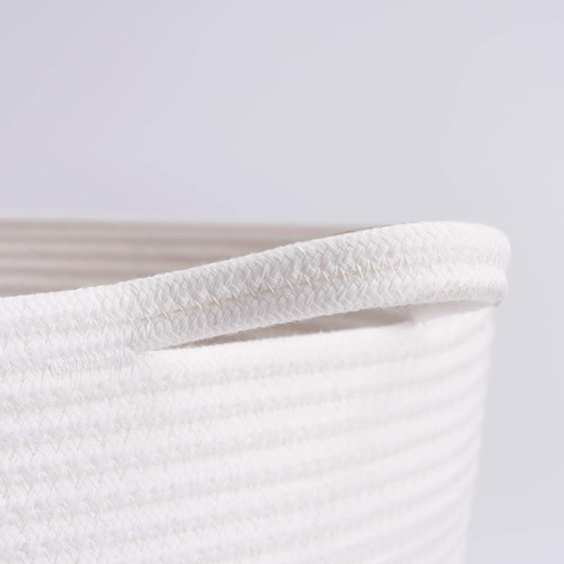 Image of Large Basket Natural Cotton Rope Storage Basket and Hamper for Cloths and Multi Usage in Living Room, Bedroom, Laundry Room (Size - 14 inch x 14 inch x 16 inch) (White Beige Tiranga)