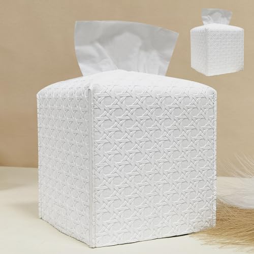 HOMOTEK 2 Pack Tissue Box Cover,PU Leather Tissue Holder,Square Decorative Facial Tissue Cube Paper Organizer Dispenser for Bathroom, Night Stands, Desk, Car 5X5X5'' - Rattan Weave, Pure White