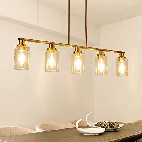 Kpiok Kitchen Island Lighting, 5-Light Dining Room Light Fixture, Gold Pendant Lighting For Kitchen Island Dining Table Living Room With Clear Glass Shade #TOP1