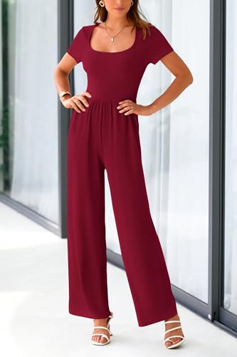PRETTYGARDEN Women's Summer One Piece Jumpsuits Dressy Casual Short Sleeve Square Neck Wide Leg Jumpsuit Rompers