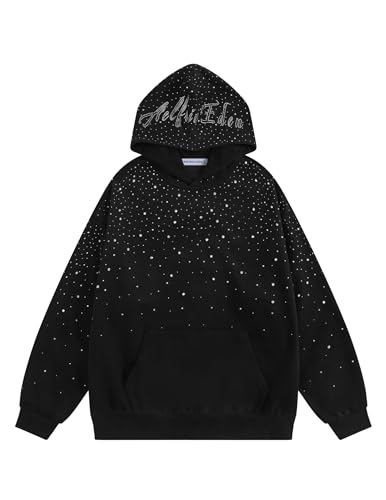 Aelfric Eden Rhinestone Hoodies Men Women Diamond Hooded Sweatshirt Fashion Luxury Casual Streetwear Unisex Hoodie Pullover Black XS