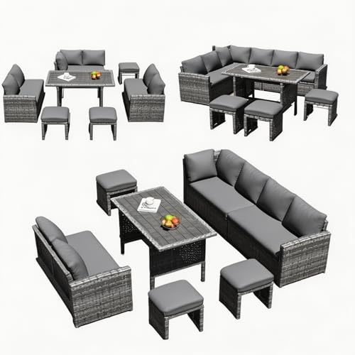YODOLLA 7-teilig Rattan Gartenmöbel Set für 9-10 Personen, Allwetter Gartenlounge Set & Sitzgruppe Outdoor mit Esstisch & Hockern, Modulare Terrassenmöbel Außen aus rostfreiem Stahl, Grau