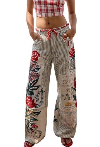 ebossy Women's Embrodiery Floral Barrel Jean Elastic High Waist Striped Wide Leg Patchwork Baggy Denim Pants