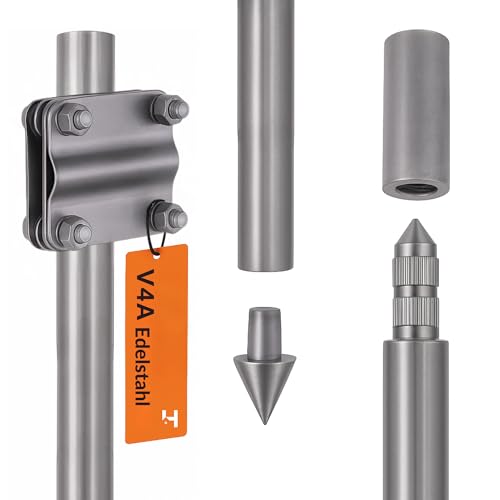 HausHeld Tiefenerder V4A Set 1 5m Erdungsspieß Ø20mm aus Edelstahl + Einschlagspitze + Kreuzerder-Klemme + Schutzadapter MECH Erdungsstab Blitzschutz Erdungssystem PV-Anlage