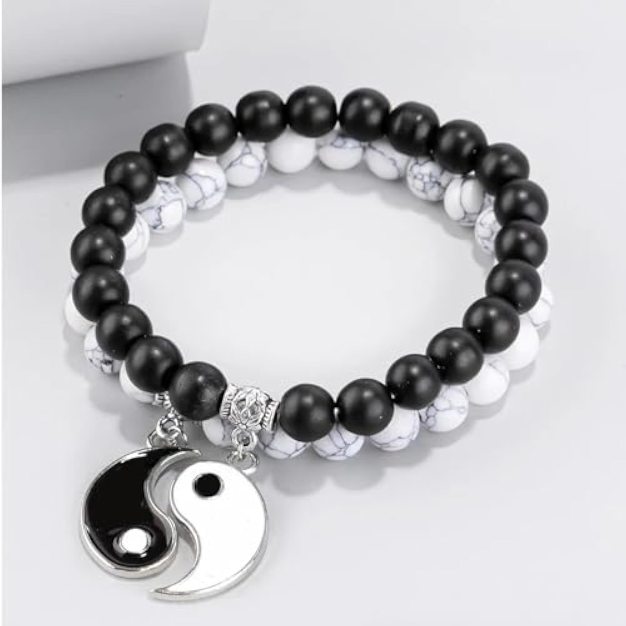 Couple Black & White Onyx Stretchable Wrist Band Bracelets
