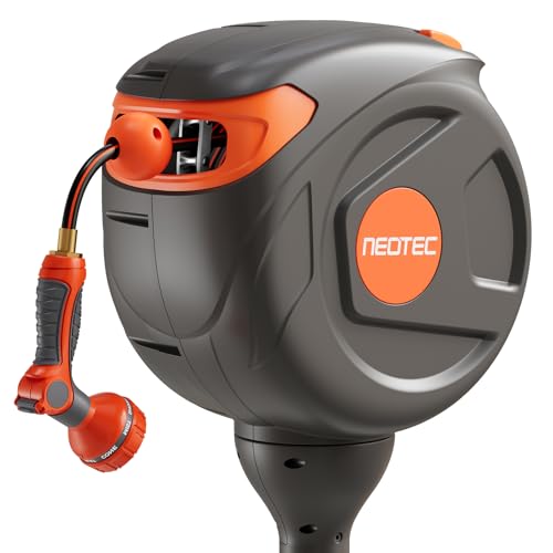 NEO-TEC Retractable Garden Hose Reel 82 ft 1/2 Inch Ground-Mounted Freestanding Water Hose No-Drill 360 Swivel Any-Length Lock & 20% Slow Return for Large Yard Lawn Car Washing
