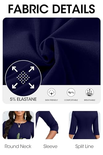 Image of CLOCOR Casual Midi Dresses for Women A-Line Fit and Flare Elegant Church 3 /4 Sleeve Crew Neck Dress with Pocket