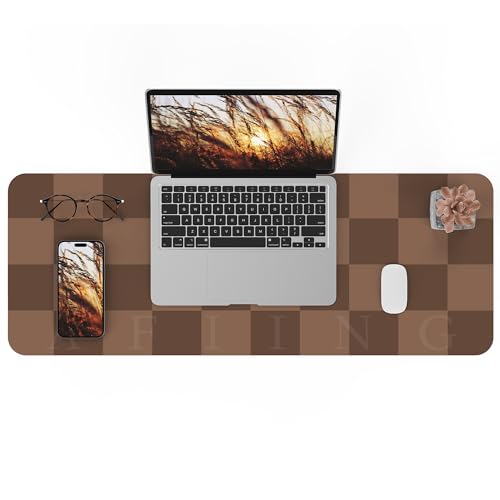 Non-Slip Checkered Desk Mat, Waterproof PU Leather Protector, Large Blotter, Easy Clean Laptop Writing Mat for Work/Home/Decor (Brown 31.5" x 12")