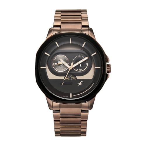 Image of Fastrack Street Opulence Sun Moon Multifunction Quartz Analog with Brown Dial Brown Stainless Steel Metal Strap Watch for Men - 3303KM06