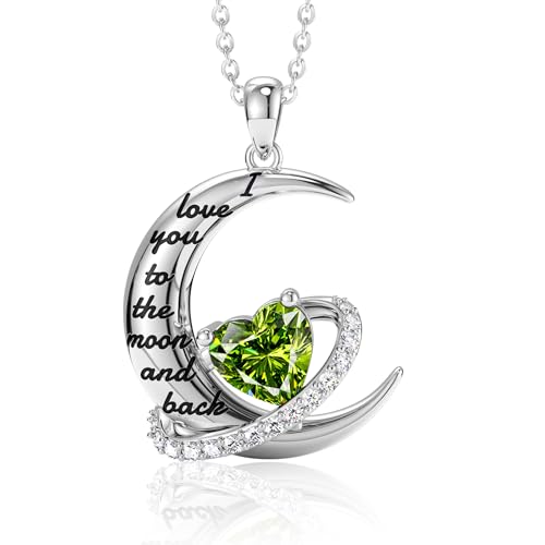 Distance I Love You to The Moon and Back Necklace, S925 Sterling Silver August Heart Birthstone Necklace, Peridot Jewelry Birthday Valentines Gifts for Women Wife Lovers