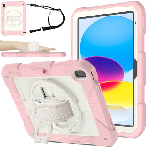 BMOUO Case for iPad (A16) 11th Generation 11" 2025, iPad 10th Generation 10.9 inch 2022, 360 Rotating Stand & Pencil Holder & Hand & Shoulder Strap Shockproof i Pad 11th/10th Gen Case, Pink
