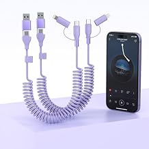 2 Pack Apple Carplay Coiled Multi 4-in-1 USBA/Type C to USB-C/Lightning Cable for Carplay& Android Auto,Purple 60W Fast Charge & Data Sync Car Charger Cord for iPhone 15/14/13/12,Samsung,Android-MFi