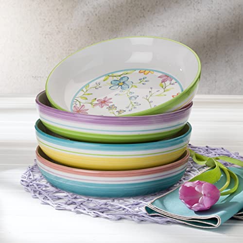 Euro Ceramica Charlotte Collection Pasta Bowls Set Of 4 Service For 4, Watercolor Floral Design In Multicolor White Pink #TOP9