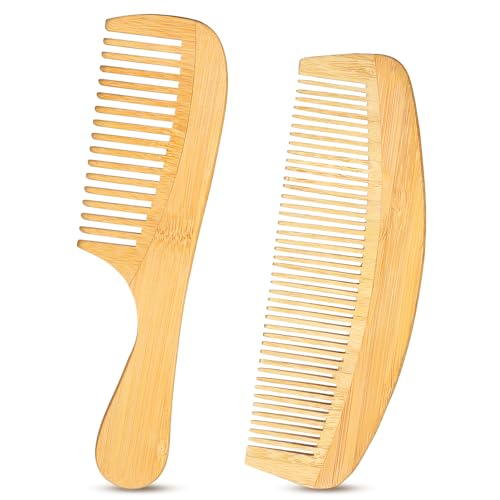 2 PCS Bamboo Hair Comb Set Wooden Wide Tooth Comb for Curly Hair Bamboo Brush for Detangling and Styling Wet or Dry with Bakelite Teeth