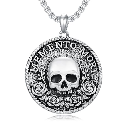 Pendentif tête de mort et roses en argent sterling massif, un collier masculin d'exception