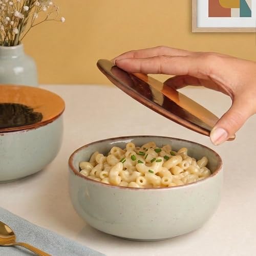 Image of The Earth Store Mint Marble Ceramic Bowl with Lid Set of 2, 580ML | Multipurpose Coaster /Lid | Dishwasher & Microwave Safe Bowl | Ideal for Rice, Dal, Fruits, Salad, Snack, Mixing Bowl