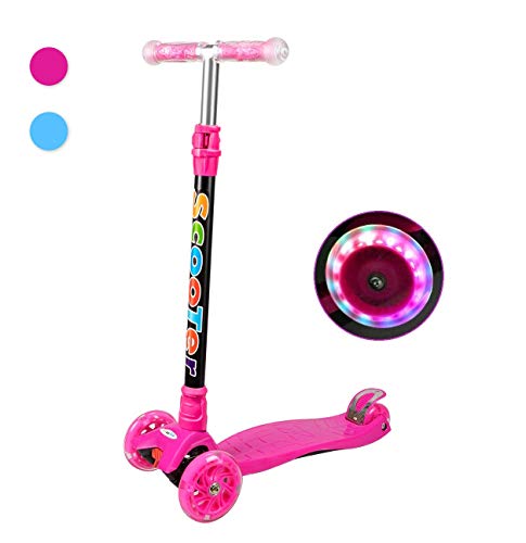 Yuanj Trottinette pour Enfants, 3 Roues Scooter ,4 Hauteur Adjustable , Rouler avec LED, Roues pour Enfants de 3 à 13 Ans, Patins Lisses et Stables (Rose)