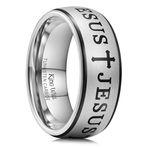 King Will 8mm Silver Tungsten Carbide Rings for Men Lord's Prayer Engraved Mens Christian Cross Bible Ring Male Religious Faith Wedding Band Brushed Finish Domed Style, Size 10.5