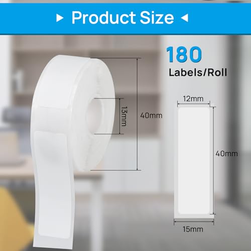 Label Maker Tape for Phomemo D30 Label Printer, 12 x 40 mm, 180 Pcs/Roll, 6 Rolls White Sticker Thermal Paper Self-Adhesive Waterproof Label Tape for Home Office Use image 2