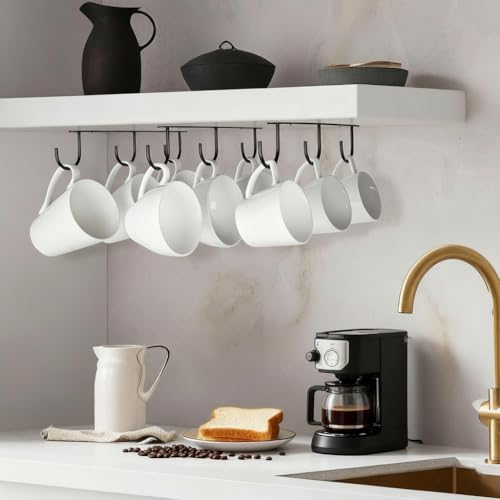 Image of Under Cabinet Mug Hooks - 3PCS Mug Holder Rack with 9 Hooks | Heavy Duty Screw Mount Coffee Cup Organizer | Space Saving Kitchen Storage for Mugs, Cups & Utensils (Black)