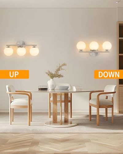 Image of foucasal Brushed Nickel Bathroom Light Fixtures Globe Vanity Light with Plastic Milk White Globe Shades 3-Light Wall Sconce Lighting above Mirror Vanity Lights for Bathroom Bedroom Hallway Living Room