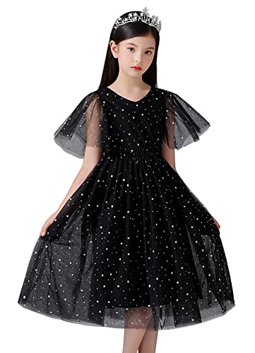 Weileenice 子供 ワンピース 発表会 結婚式 キッズ 160 チュール ドレス ブラック 夏 フォーマル ガールズ 演奏会 誕生日 子供服 165 黒 子供 パーティー ドレス スパンコール