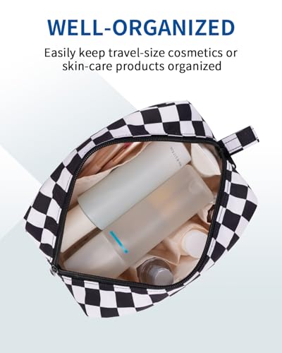 Image of Narwey Checkered Makeup Bag, Travel Cosmetic Bag Organizer, Toiletry Bag Make Up Bags with Organized Pockets for Women (Black Checkerboard, Large)