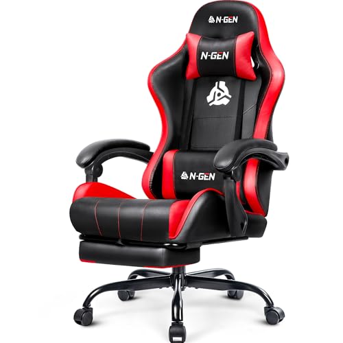 Image of N-GEN GAMING Gaming Chair with Footrest, Lumbar, High-Back, Red Black